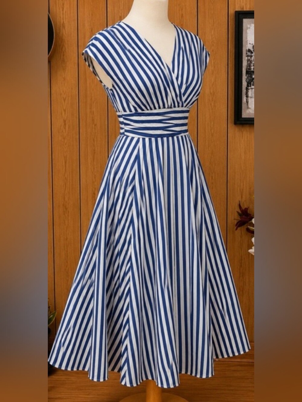 *SHEIN Blue & White Striped Fit-and-Flare Dress Pit 20 Length 45" No Pockets